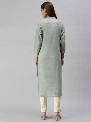 women's calf length mandarin collar grey solid straight kurta 5