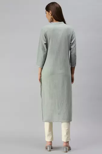 women's calf length mandarin collar grey solid straight kurta