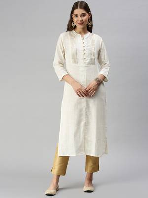 Showoff women's calf length mandarin collar off white solid straight kurta 3
