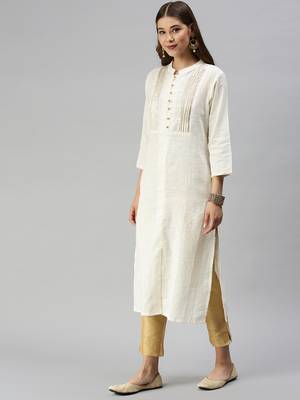 Showoff women's calf length mandarin collar off white solid straight kurta 4