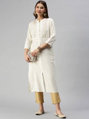 Showoff women's calf length mandarin collar off white solid straight kurta 1