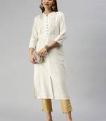 Showoff women's calf length mandarin collar off white solid straight kurta