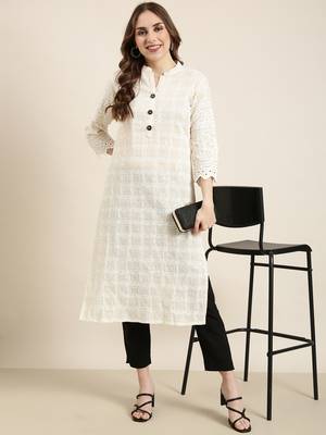 women's calf length mandarin collar cream embellished straight kurta 1
