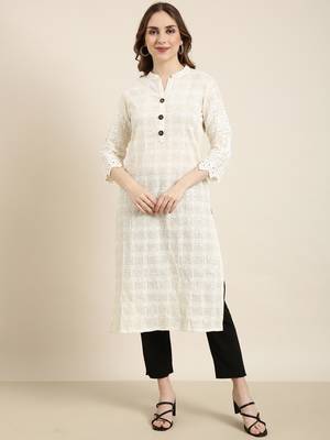 women's calf length mandarin collar cream embellished straight kurta 2
