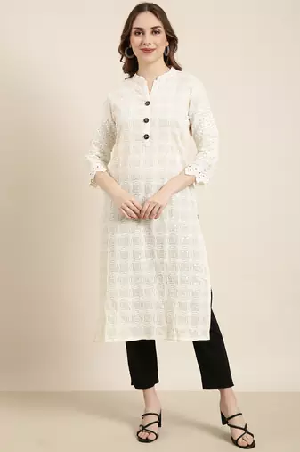women's calf length mandarin collar cream embellished straight kurta