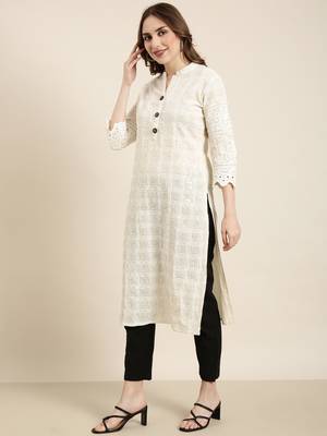 women's calf length mandarin collar cream embellished straight kurta 3