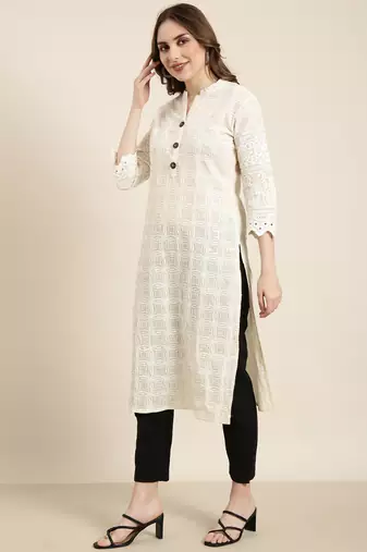 women's calf length mandarin collar cream embellished straight kurta