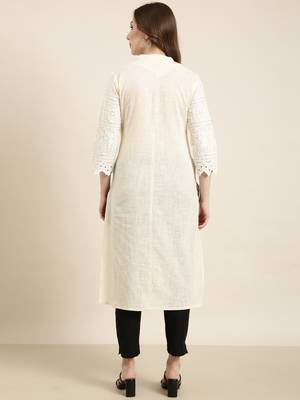 women's calf length mandarin collar cream embellished straight kurta 4