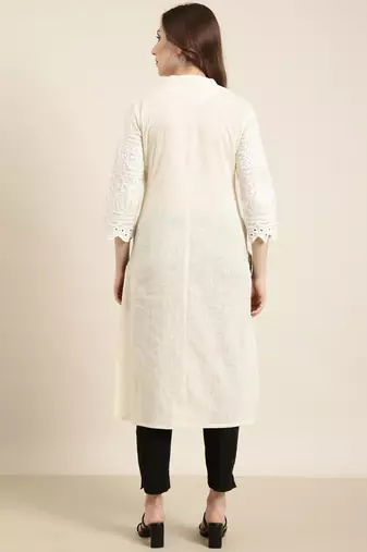 women's calf length mandarin collar cream embellished straight kurta