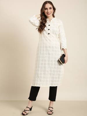 women's calf length mandarin collar cream embellished straight kurta 5