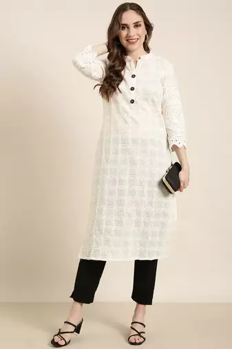 women's calf length mandarin collar cream embellished straight kurta