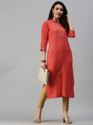 women's calf length mandarin collar orange solid straight kurta 1