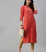 women's calf length mandarin collar orange solid straight kurta