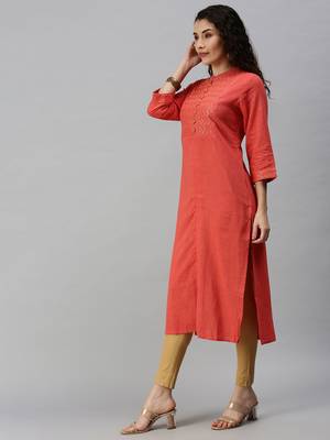 women's calf length mandarin collar orange solid straight kurta 2
