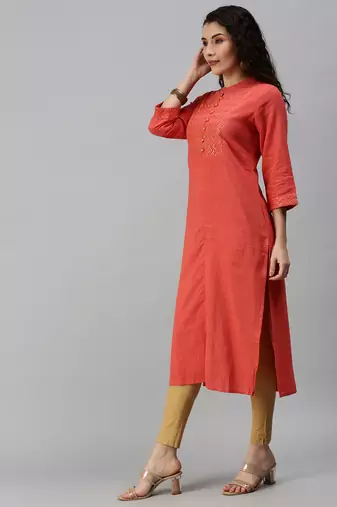 women's calf length mandarin collar orange solid straight kurta