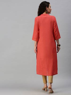 women's calf length mandarin collar orange solid straight kurta 3