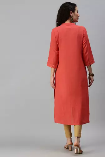 women's calf length mandarin collar orange solid straight kurta