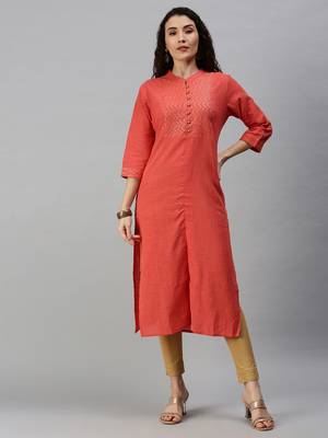 women's calf length mandarin collar orange solid straight kurta 4