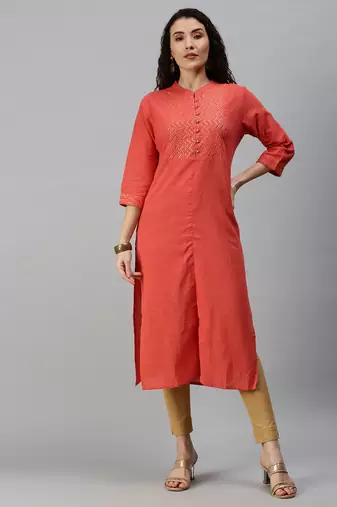 women's calf length mandarin collar orange solid straight kurta