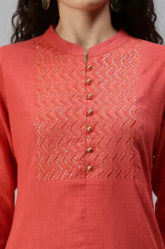 women's calf length mandarin collar orange solid straight kurta