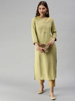 women's calf length mandarin collar lime green solid straight kurta 1
