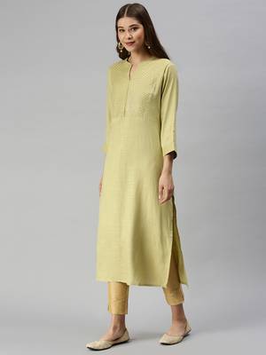 women's calf length mandarin collar lime green solid straight kurta 2