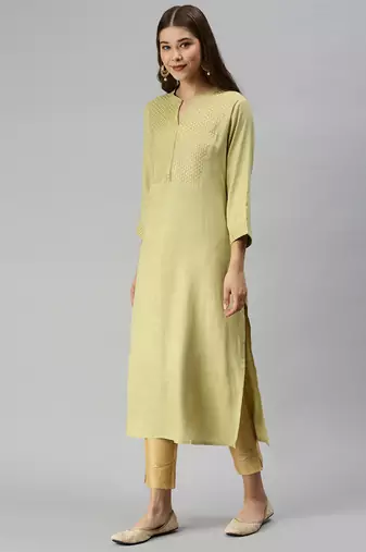 women's calf length mandarin collar lime green solid straight kurta