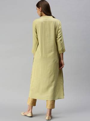 women's calf length mandarin collar lime green solid straight kurta 3