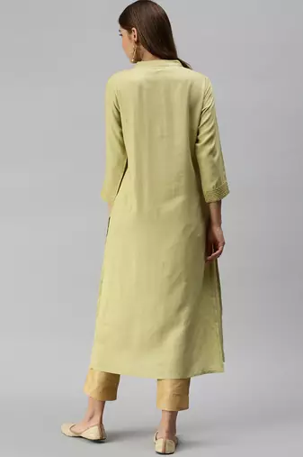 women's calf length mandarin collar lime green solid straight kurta