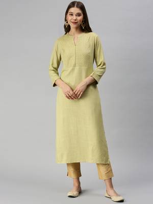 women's calf length mandarin collar lime green solid straight kurta 4