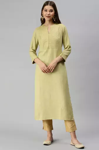 women's calf length mandarin collar lime green solid straight kurta