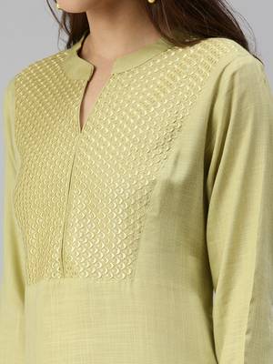women's calf length mandarin collar lime green solid straight kurta 5