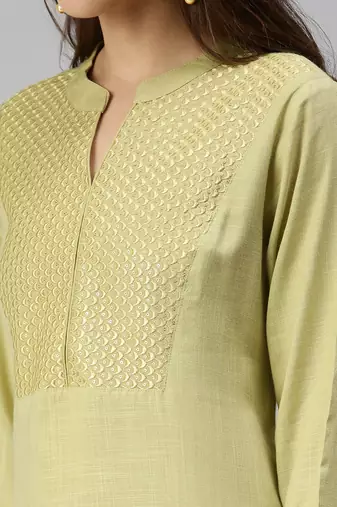 women's calf length mandarin collar lime green solid straight kurta