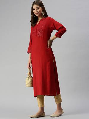 women's calf length mandarin collar red solid straight kurta 1