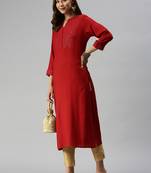 women's calf length mandarin collar red solid straight kurta