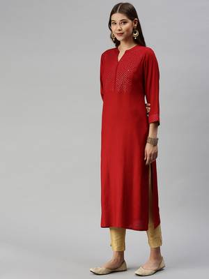 women's calf length mandarin collar red solid straight kurta 2