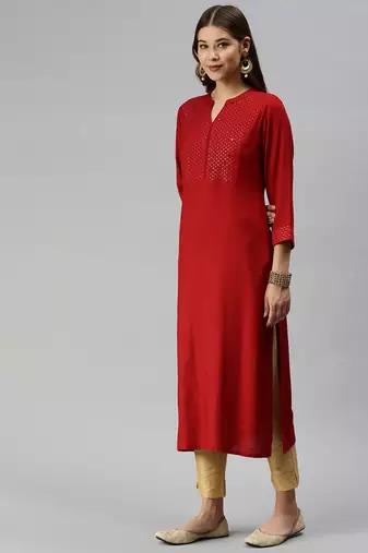 women's calf length mandarin collar red solid straight kurta