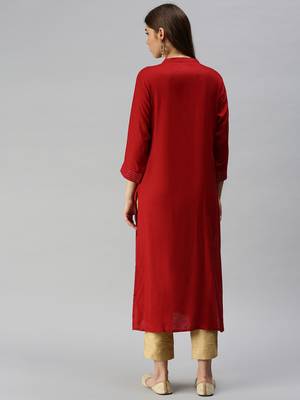 women's calf length mandarin collar red solid straight kurta 3