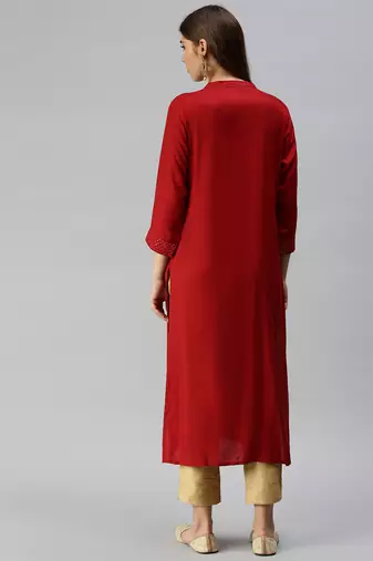 women's calf length mandarin collar red solid straight kurta