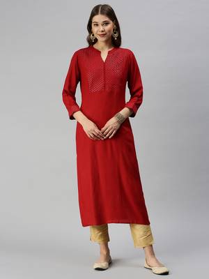 women's calf length mandarin collar red solid straight kurta 4