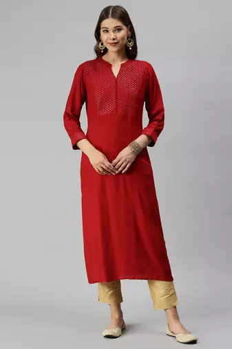 women's calf length mandarin collar red solid straight kurta