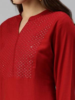 women's calf length mandarin collar red solid straight kurta 5