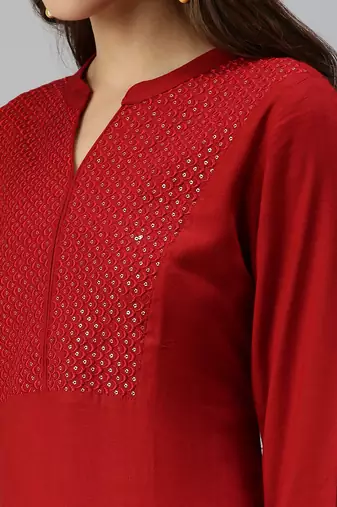 women's calf length mandarin collar red solid straight kurta