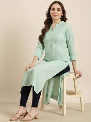 women's calf length mandarin collar sea green solid straight kurta 1