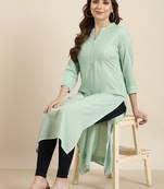 women's calf length mandarin collar sea green solid straight kurta