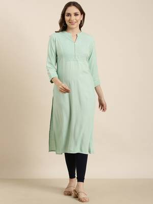 women's calf length mandarin collar sea green solid straight kurta 2
