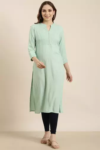 women's calf length mandarin collar sea green solid straight kurta