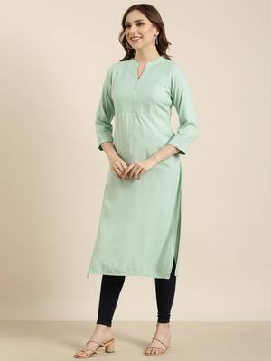 women's calf length mandarin collar sea green solid straight kurta 3