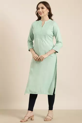 women's calf length mandarin collar sea green solid straight kurta