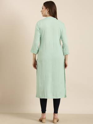 women's calf length mandarin collar sea green solid straight kurta 4